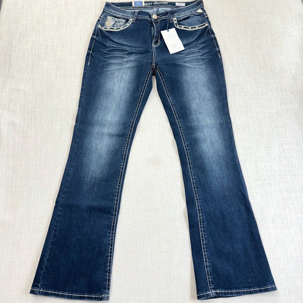 Sexy Couture Women Bootcut Jeans Size 17 Dark Wash Embroidered Rhinestone Y2K